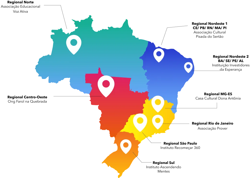 Mapa regional do Brasil mostrando os núcleos da rede
